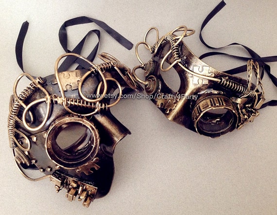 Steampunk Goggle Mask Black Gold Bronze Phantom Couple masquerade ball mask with goggle by Crafty4Party steampunk buy now online