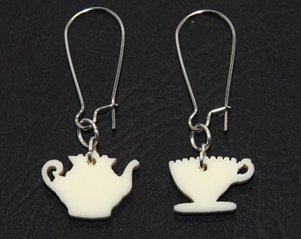 Tea Party Dangle Earrings, High Tea Earrings, Teapot and Teacup Earrings, Teapot Earrings, Teacup Earrings, Tea Jewelry, Titanium Dangles