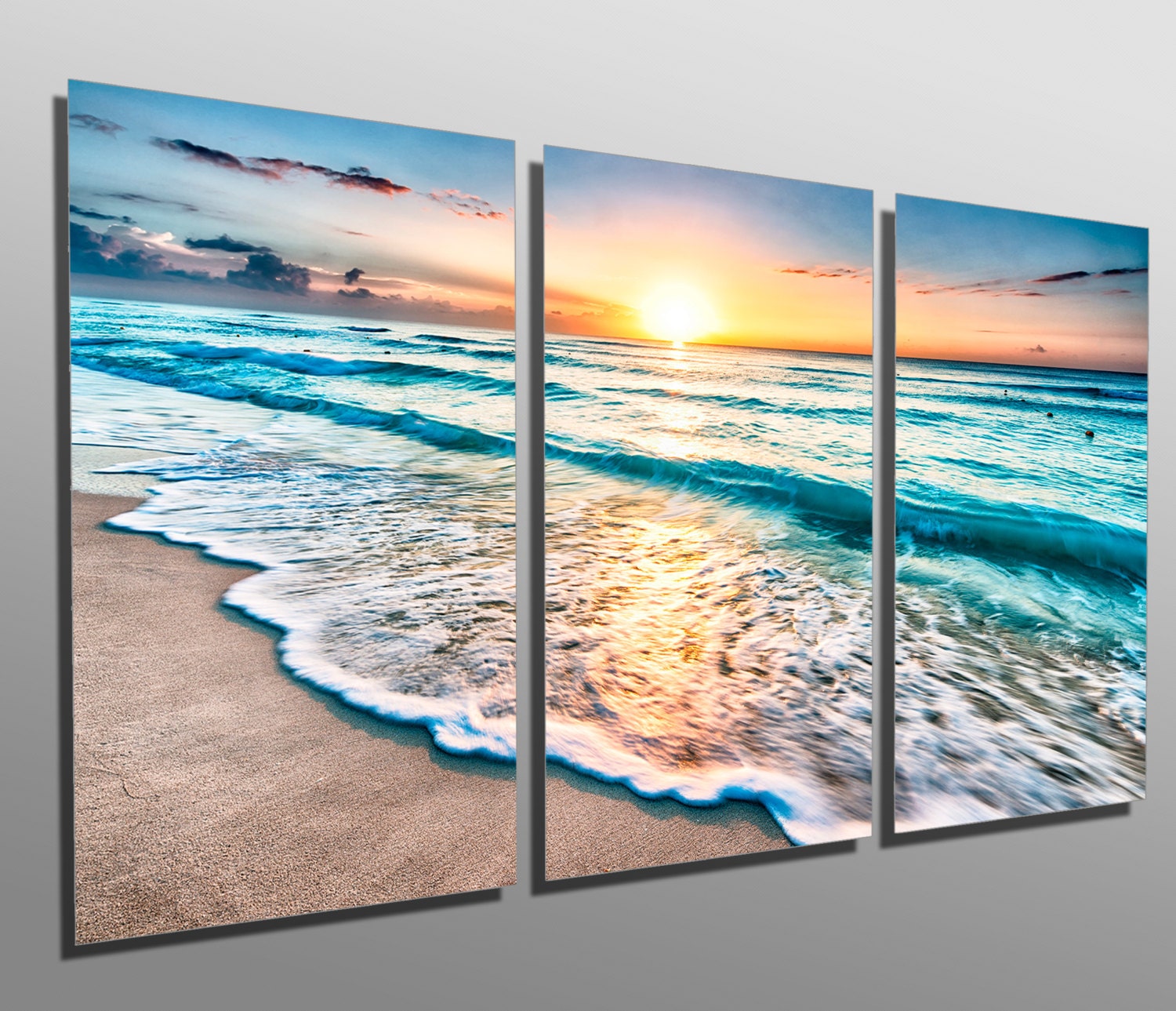 Metal Prints Sunrise over beach in Cancun 3 Panel split