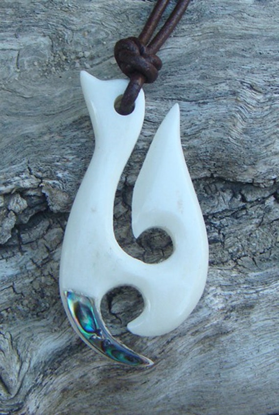 SALE Hei Matau Maori Bone Paua Fish Hook Necklace / Leather