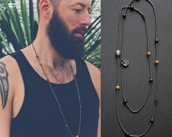 Hematite + Onyx + Horn + Wood necklace / hematite Buddha bead / gunmetal and black men's necklace / hematite necklace