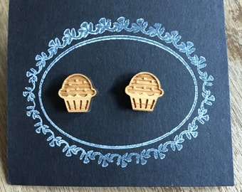 Laser Cut Bamboo 'Cupcake' Stud Earrings