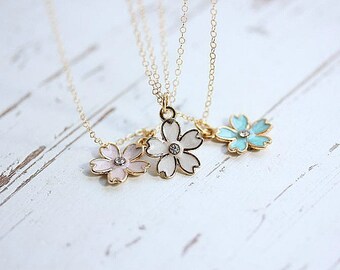 Cherry blossom necklace in gold Sakura necklace pink flower