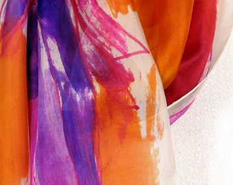 Orange hand painted silk scarf. Silk scarf painted.Bright silk scarf in yellow,orange,red and purple. Abstract painting on silk by Dimo