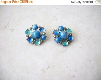 ON SALE Vintage 1940s Shades Of Blue Glass Cluster Clip On Earrings 8516