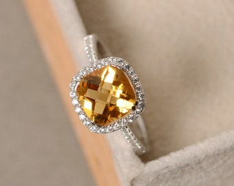 Citrine ring, cushion cut, yellow gemstone, engagement ring