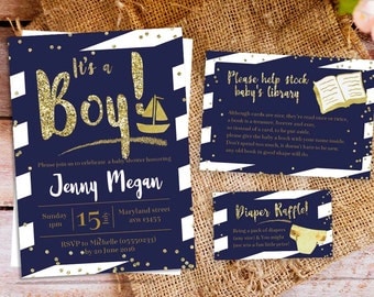 nautical baby shower invitation, nautical boy baby shower invitation, Navy and Gold BABY Shower Invitation, navy blue baby shower invitation