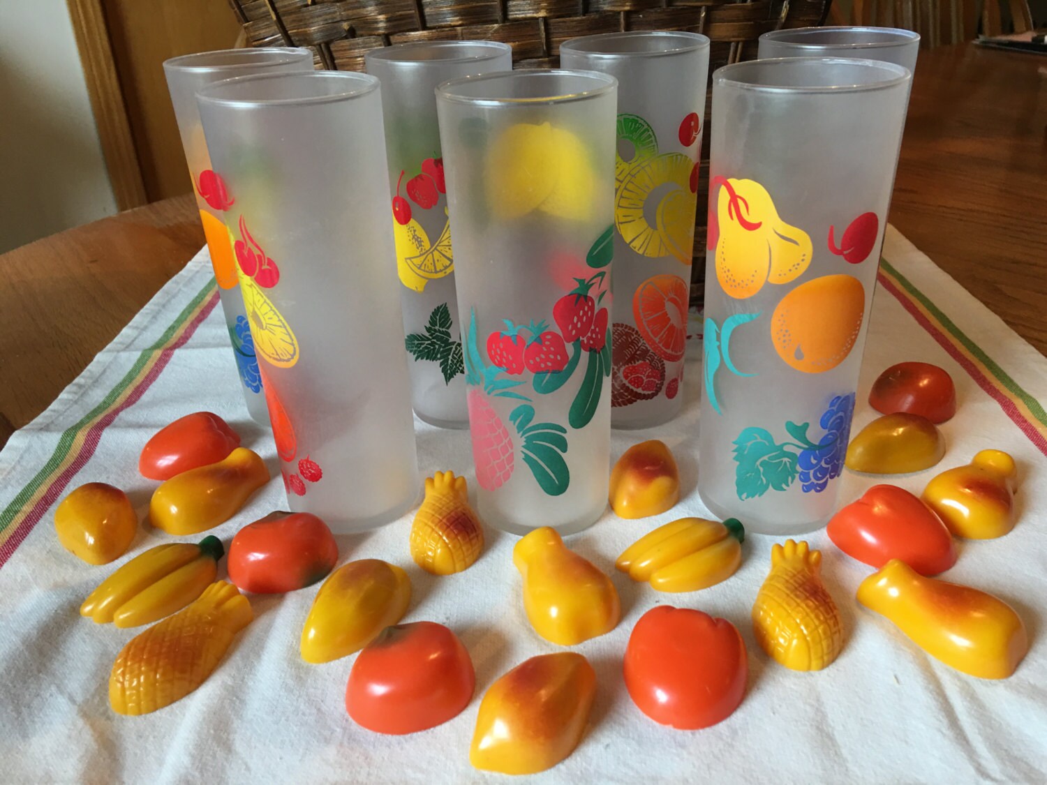 Vintage Federal Glassware Frosted Fruit Pattern Set of 7