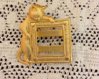 Gold Toned Jonette Jewelry Cat Brooch Pin With Scarf Slide