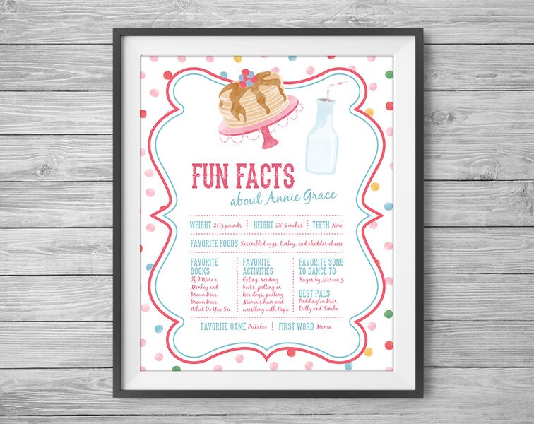 Party Fun Facts Sign Kids First Birthday Milk and Pancakes