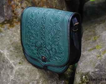 Leather messenger bag, Tooled leather, Women's purse, Leather bag, Crossbody bag, Shoulder bag, Green bag, Genuine leather purse, Ethnic