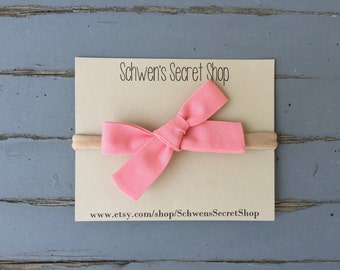 Hand tied bow, peach baby girl bow, baby girl headband, fabric bow headband, baby headband, baby bow headband, nylon headband, peach bow