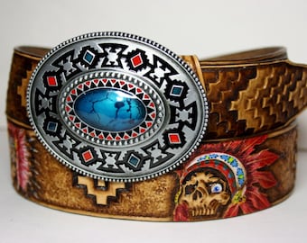 Handmade handtooled leather belt in Indian style with hand-tooled and hand-painted pattern