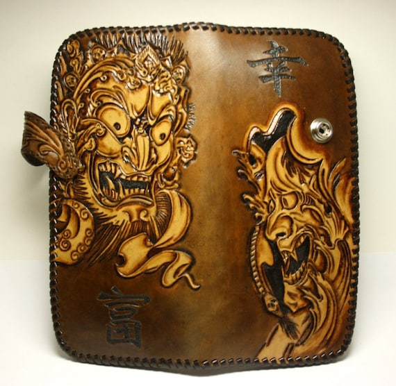 Hand-tooled leather biker wallet with a pattern by PFLeatherGlass