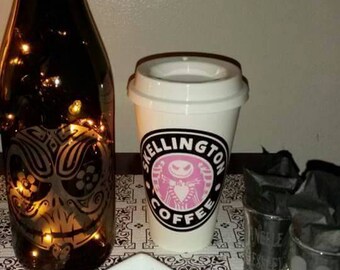 Nightmare Before Christmas Party Pack - Etched Wine Bottle Lamp & 2 personalized Jack shot glasses, Ring Dish and Custom Jack Coffee Cup