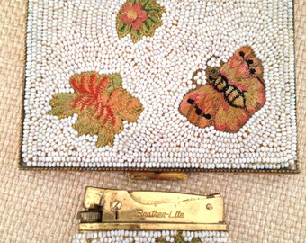 1960's Butterfly Cigarette Case and Lighter, Beaded Cigarette Box Floral Embroidered Gold Tone Cigarette Set-Stunning!