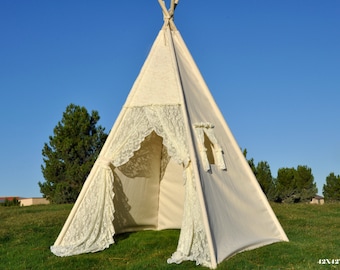 Flora Ivory Lace Canvas Kids Teepee, Kids Play Tent, Childrens Play House, Tipi,Kids Room Decor
