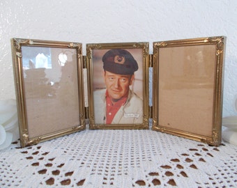 Vintage Ornate Gold Metal Hinged Picture Frame 3 Photo Decoration Mid Century Hollywood Regency John Wayne Home Decor Birthday Gift Him Her