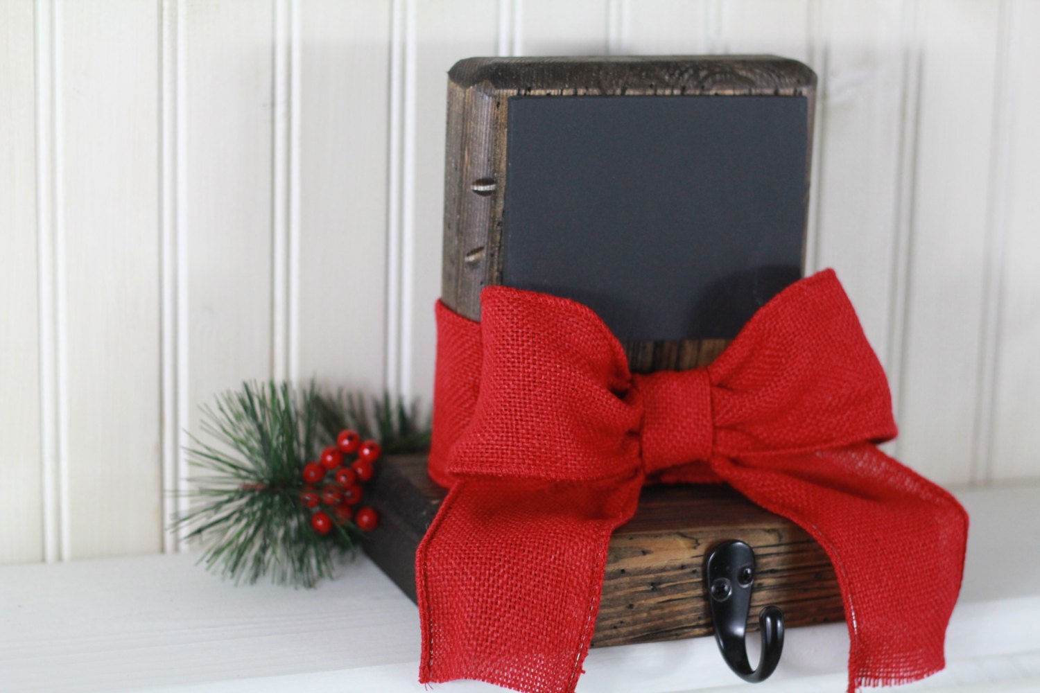 Rustic Christmas Stocking Holders Red Burlap Ribbon Holiday
