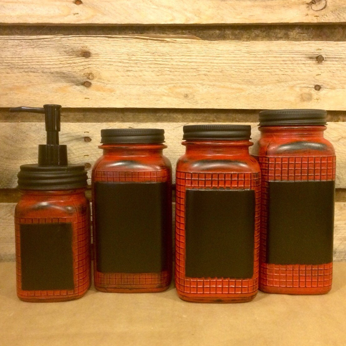 Vintage Red Mason jar canister set Red Waffle Grid Mason