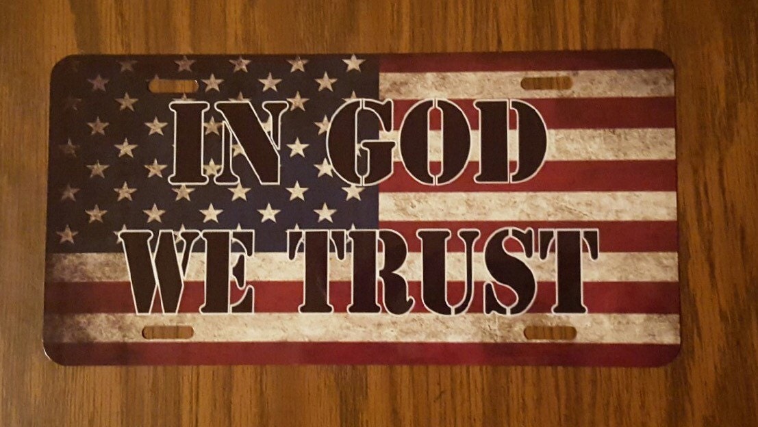 American flag License Plate in God we trust license plate