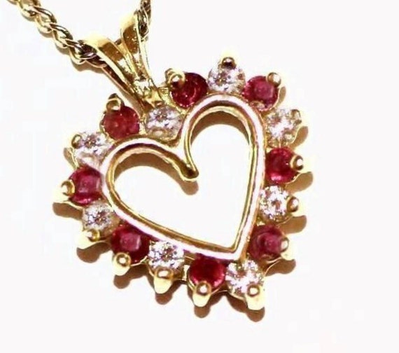 14K Solid Gold Genuine Red Ruby & Diamond Heart Pendant