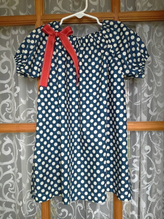 Peasant Style Dress Navy Blue White Dots by OnesieTwosieShop