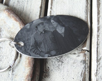Photo Keychain-with Back Engraving - Your Handwriting Option or Quote -- Black Aluminum Custom Key Chain - Engraved Photograph Gifts for Him