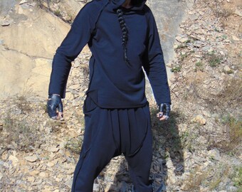 Ninja Black set/New 2017 Activewear men/Black coton top/Black pants/black sweatshirt hood/Avant-garde men top/