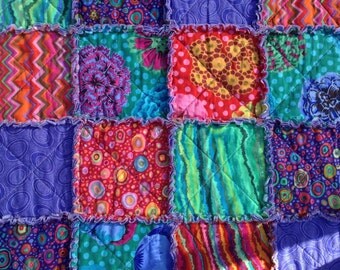Little Girl Rag Quilt Lovey, Purple, Green, Pink, Kaffe Fassett Quilt, Unique Baby Shower Gift