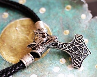 Thor's Hammer Necklace Mjolnir Pendant Viking Necklace Fenrir Wolf Head, Thor Hammer Pendant Strength Amulet Viking Jewelry Asatru