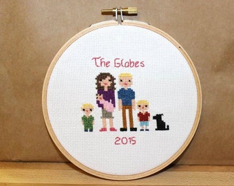 Customizable Family or Friends Cross Stitch Portrait with baby, kids, dogs, cats, pets, or anything else! Handmade!