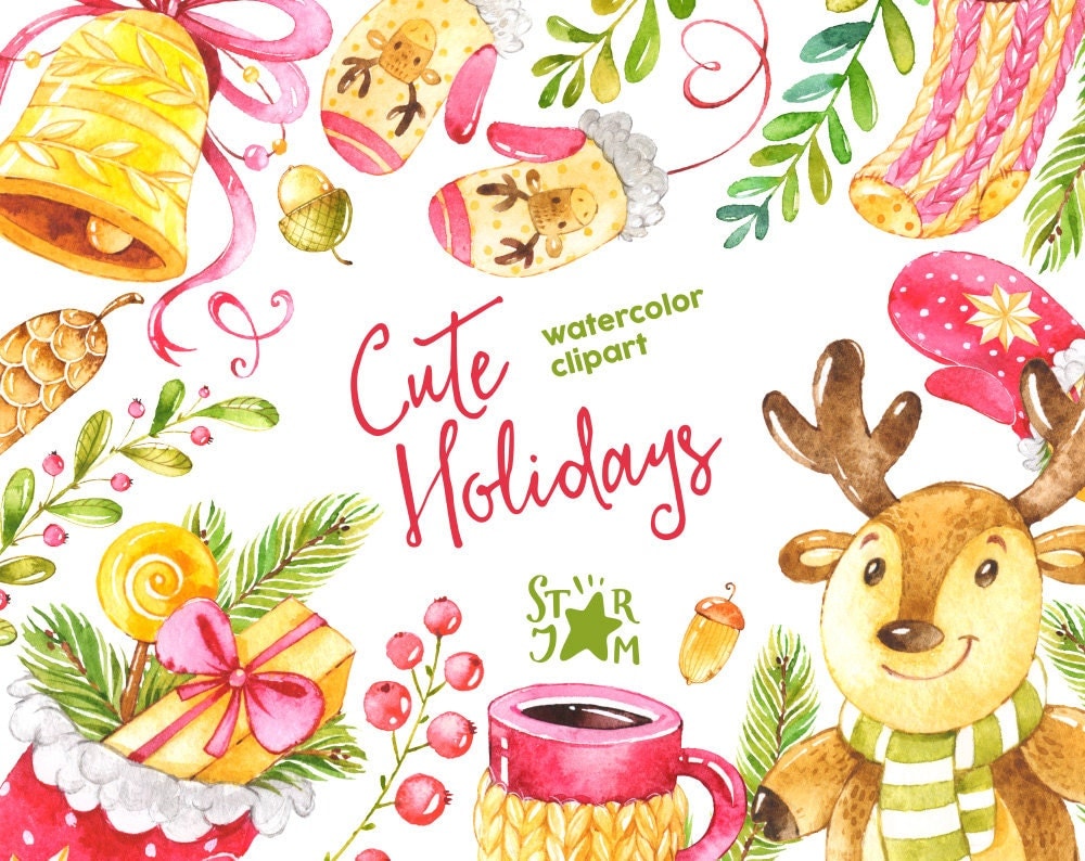 Cute Holidays. Watercolor clipart christmas winter deer