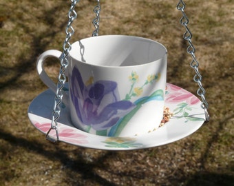 Tea Cup Bird Feeder with Purple, Pink, Yellow