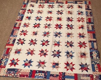 Patriotic hand pieced quilt, Americana, Red, white, and blue. Twin size 70 x 90
