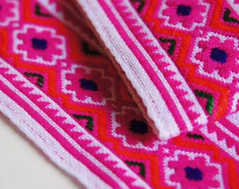 Full Roll 9m / 9.8 yards Pink Hmong Embroidered Fabric trim 45mm wide, Ethnic Trim, Tribal Trim ribbon, boho Trim, Fair Trade Hmong Trim