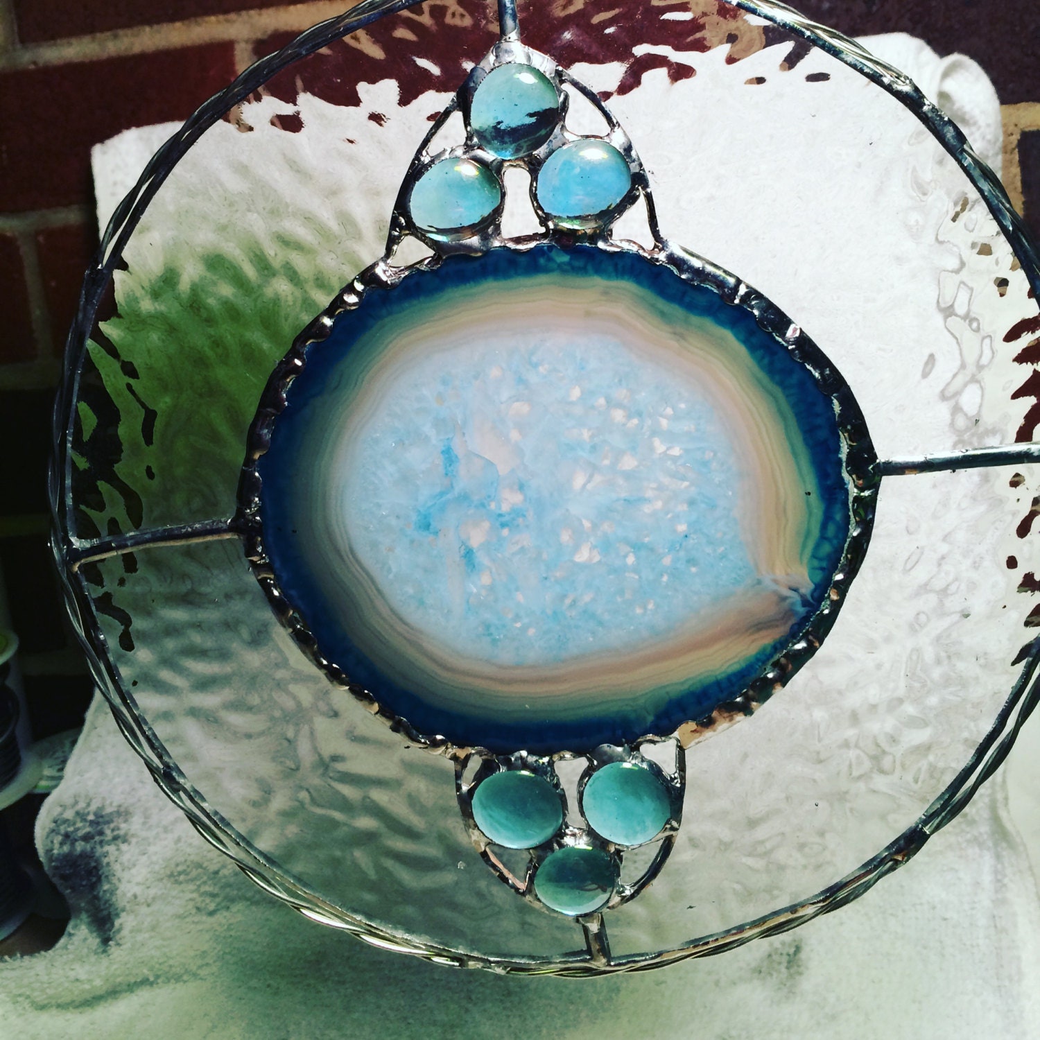 Round Blue Agate Stained Glass Suncatcher