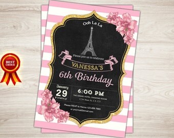Paris Invitation. Paris 1st Birthday Invitation Girl Pink and Gold Paris Theme Party Invitation Printable Eiffel Tower Invitation. Oh la la