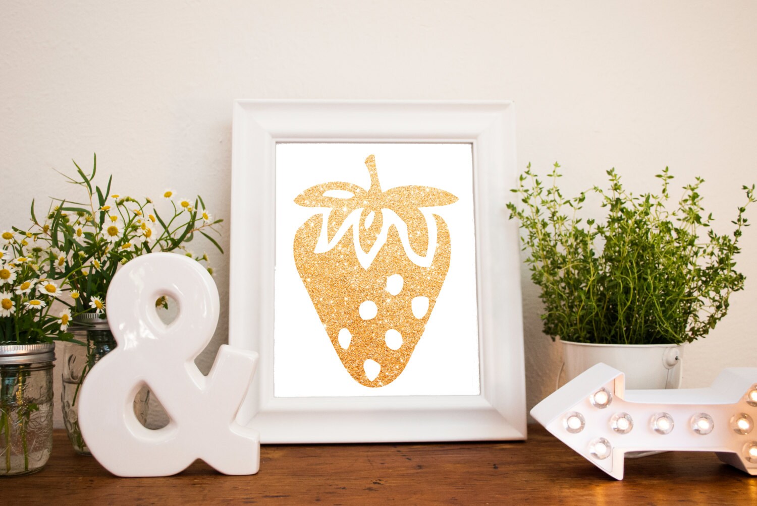 Wall Art Strawberry Gold Glitter Digital Print by CozyDarlingHome