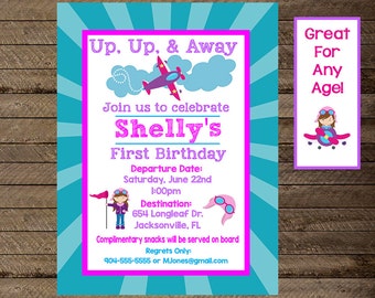 girl's airplane invite, airplane invitation, aviation birthday invite, airplane birthday invite, pilot invite, airplane theme party invite