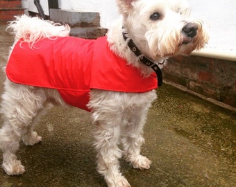 Waterproof dog coat. Lightweight jacket. Cotton lining. Red dog coat. Custom made. Showerproof dog. Machine washable material.
