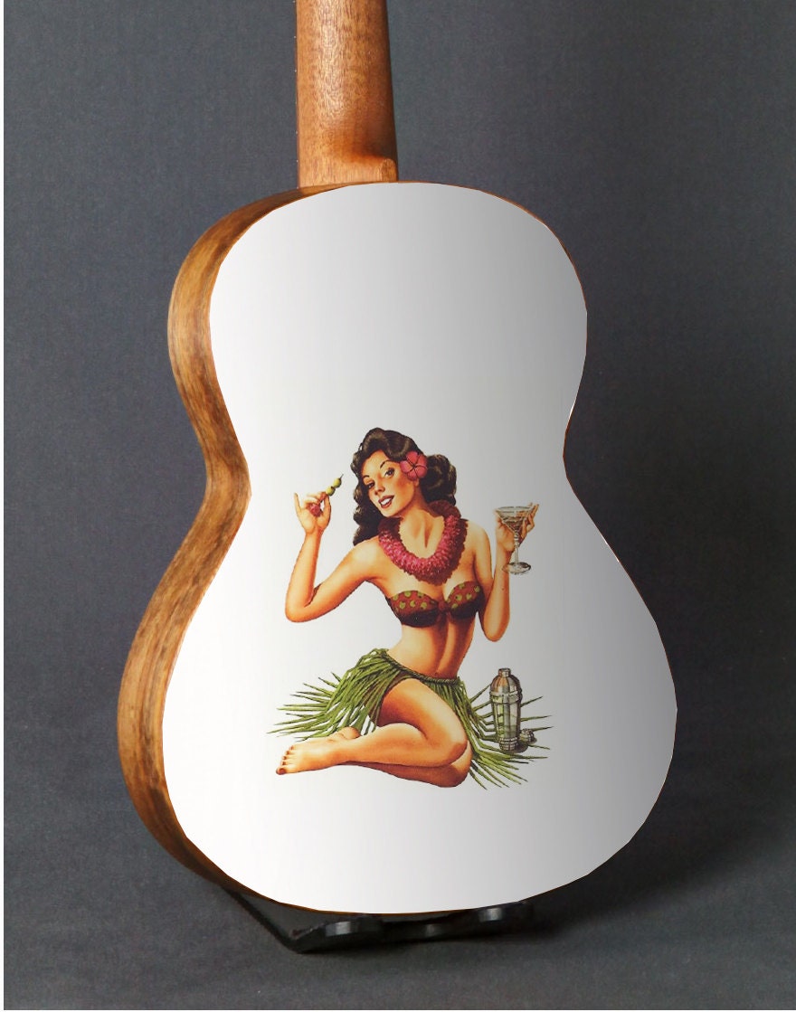 Ukulele Decal Of Vintage Hawaiian Tiki Pinup Girl Uke On