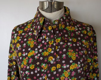 1970s Floral Print Cotton Long Sleeve Blouse