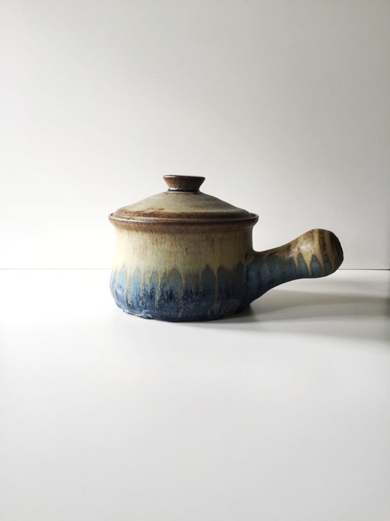 Large Vintage Stoneware Lidded Soup Bowl with Handle