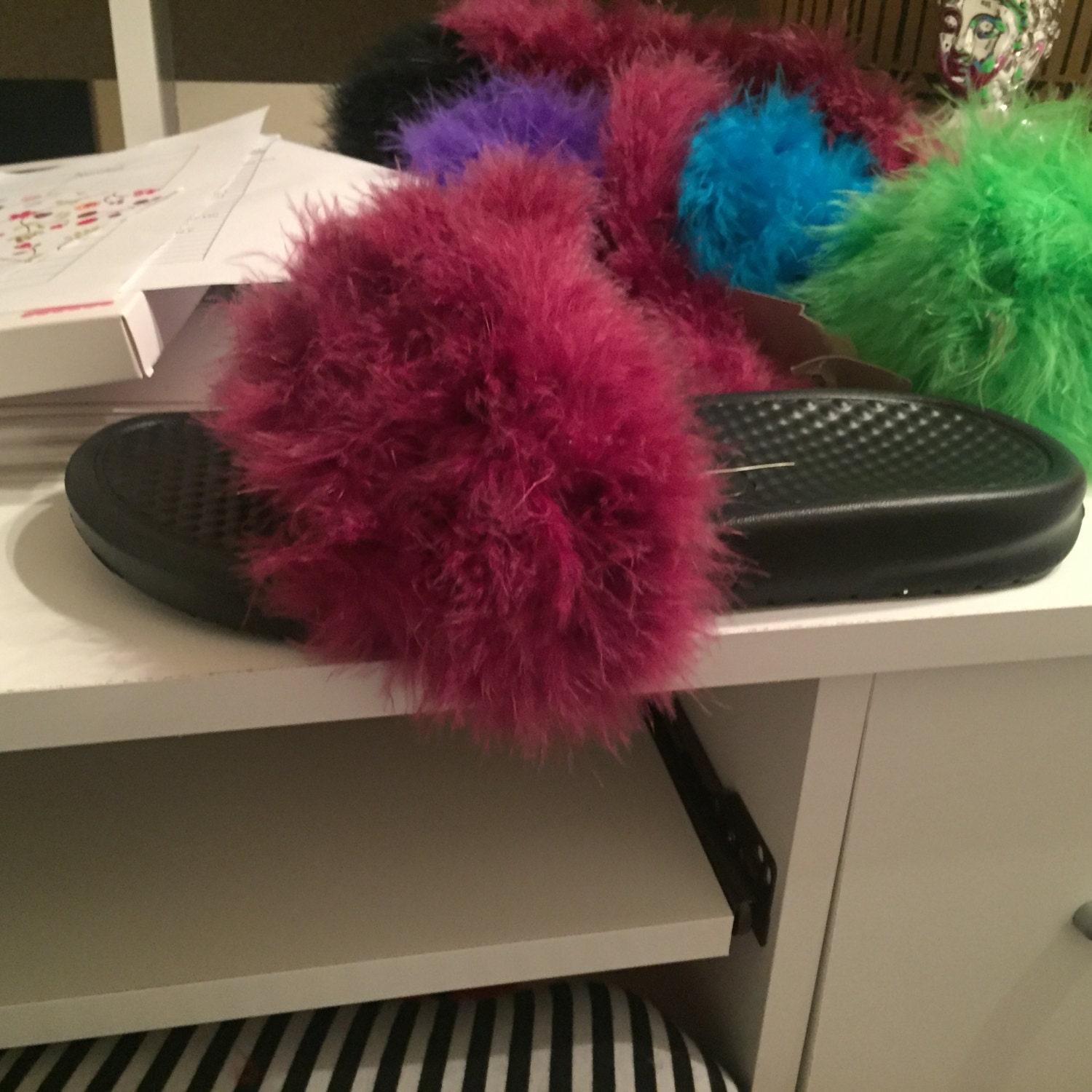 Burgundy Fuzzy Slides