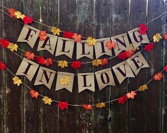 Falling In Love Burlap Banner- Rustic Wedding- Bridal Shower- Engagement Party- Baby Shower- Fall Wedding Decorations- Birthday Party Decor