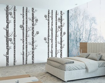 kik314 Wall Decal Sticker Room Decor Wall Art Moral forest owls birch tree bird living room children's bedroom (172)