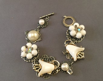 Vintage Earring Bracelet - White and Silver