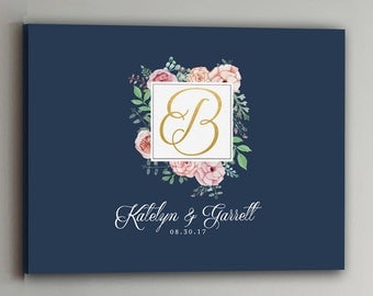 Wedding Guest Book - 30-150 Guests - Gold Wedding Guestbook Rustic Alternative Guestbook Vintage Pink Wedding Guestbook CANVAS - Navy