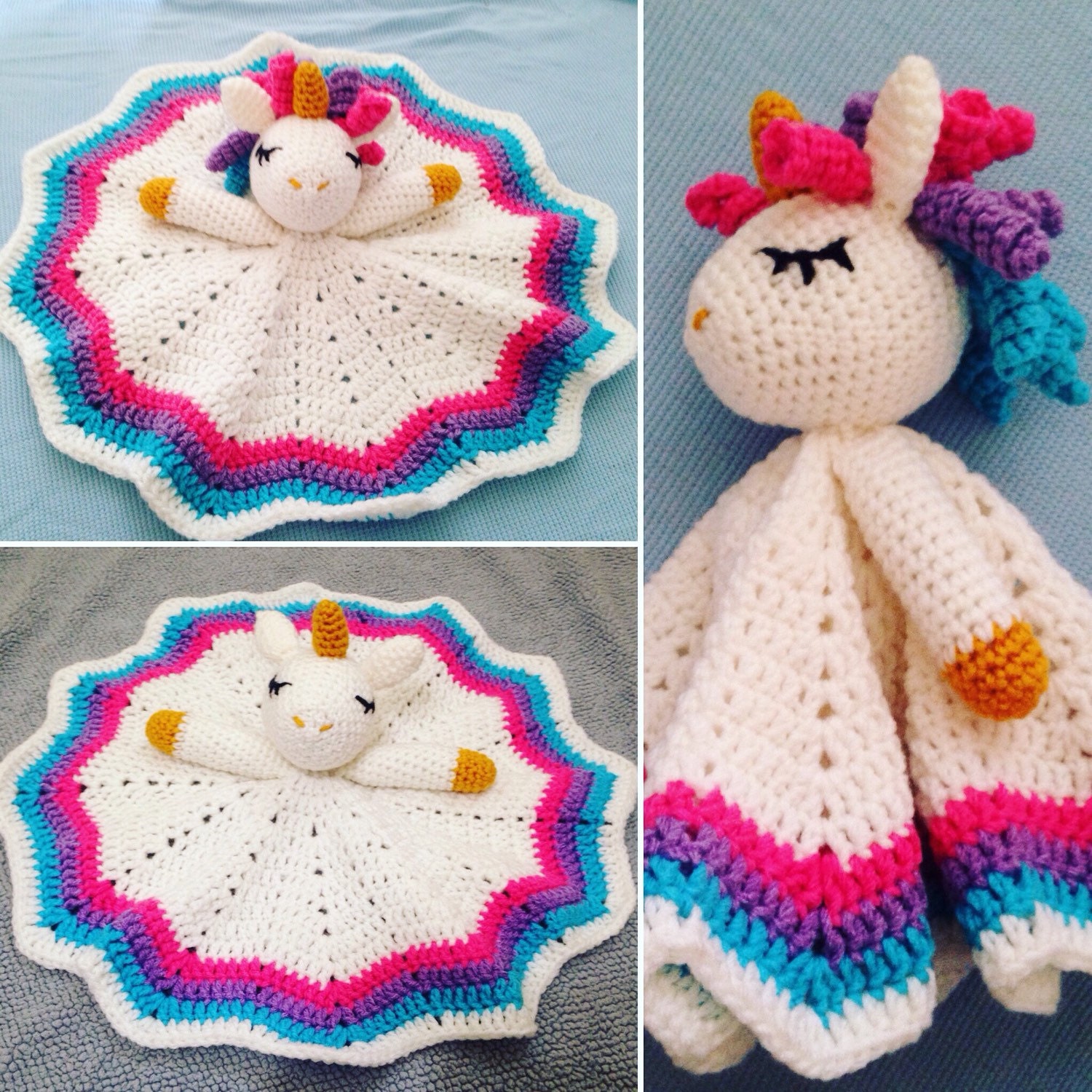 Crochet Rainbow Unicorn Lovey/Security Blanket by CooleyCrochet